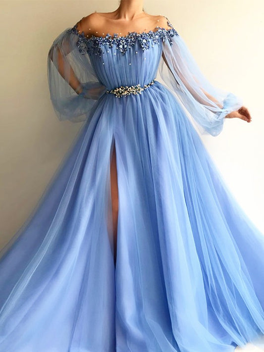 A-line Princess Long sleeved Sexy Off Shoulder Tulle Beaded Floor Dress