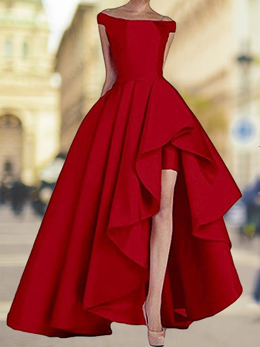 A-line Elegant Princess Sleeveless Off Shoulder Asymmetric Satin Dress