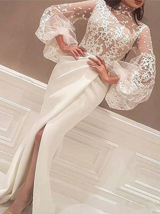 Trumpet Mermaid Long sleeved High Neck Swept Collar Comb Tie Elastic Crepe Dress