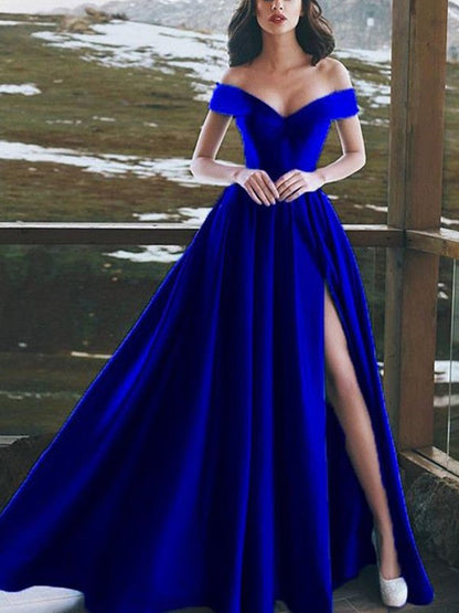 A-line Sweet Princess Sleeveless Off Shoulder Floor Ruffle Edge Satin Dress
