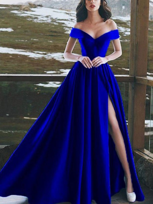 A-line Sweet Princess Sleeveless Off Shoulder Floor Ruffle Edge Satin Dress