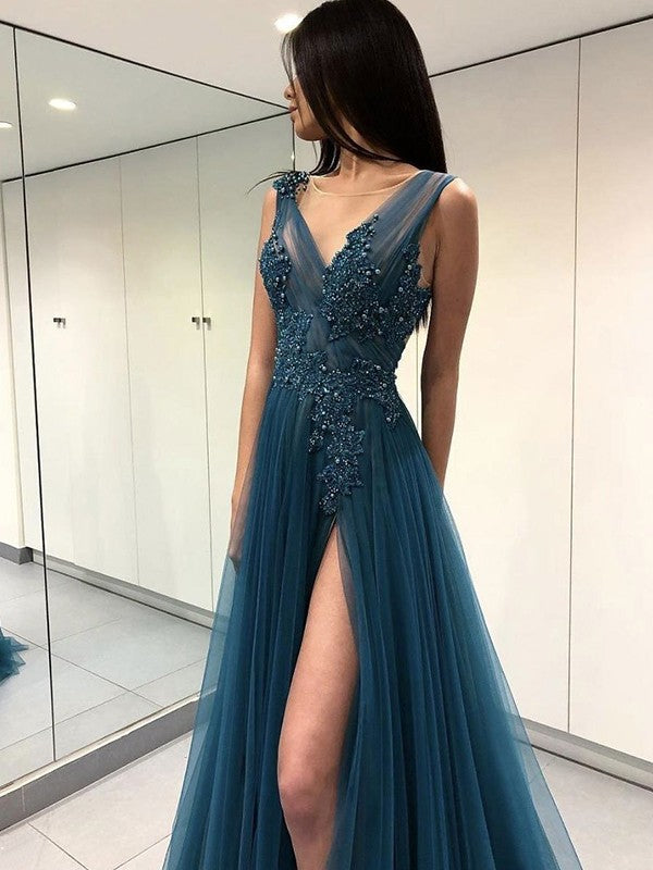 A-line Princess Sleeveless Sexy V-neck Floor Sweeping Applique sheer formal dress