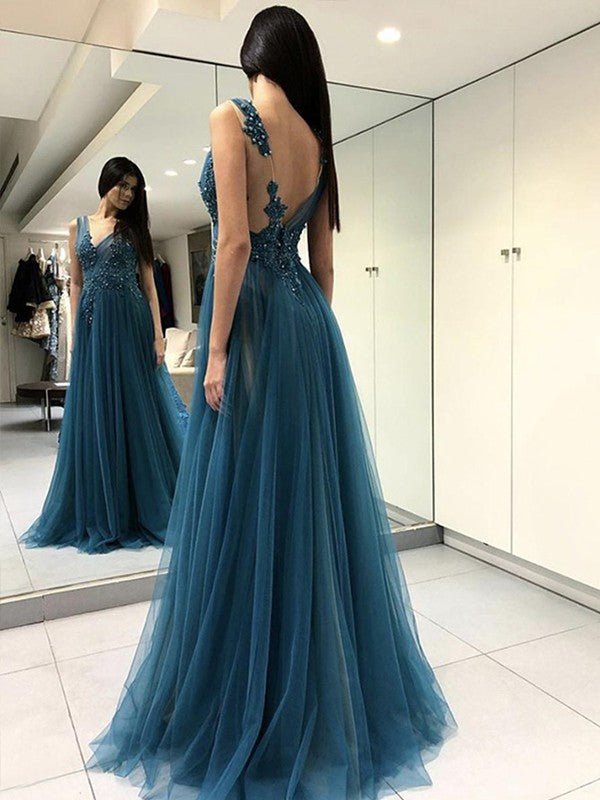 A-line Princess Sleeveless Sexy V-neck Floor Sweeping Applique sheer formal dress