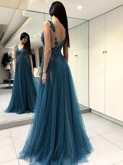A-line Princess Sleeveless Sexy V-neck Floor Sweeping Applique sheer formal dress