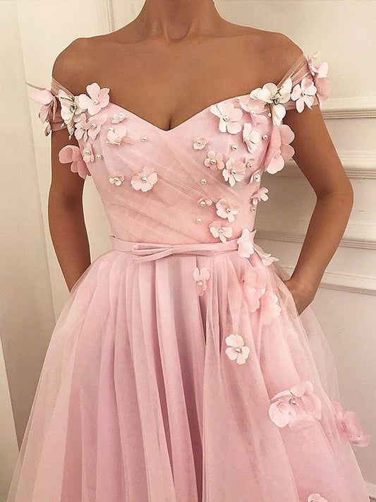 A-line Princess Sleeveless Sexy Off the Shoulder Rag Floor Decal sheer Dress