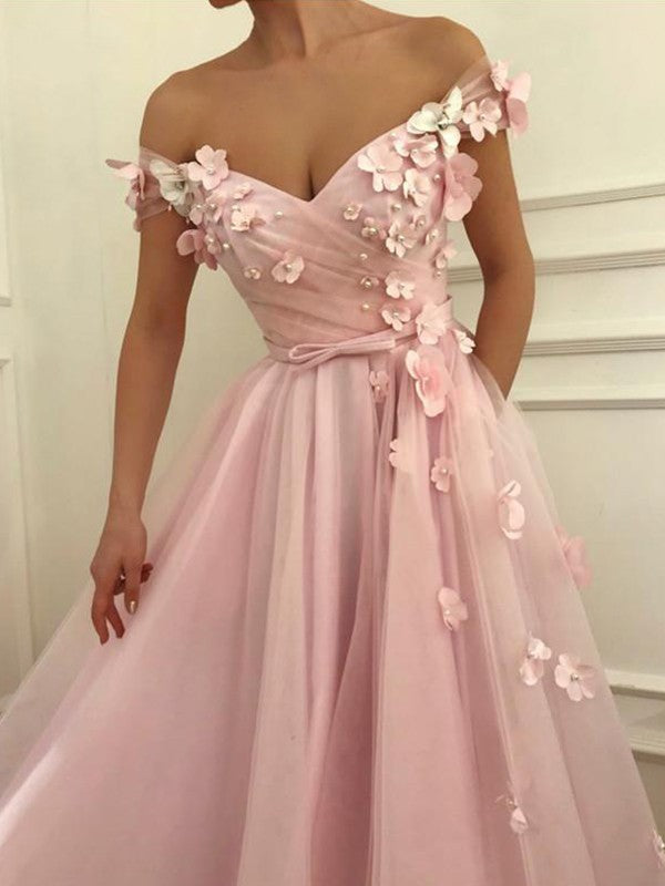 A-line Princess Sleeveless Sexy Off the Shoulder Rag Floor Decal sheer Dress