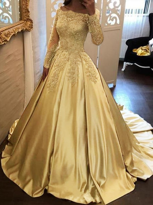 Ball Gown Long sleeved Sexy Off Shoulder Church Skirt Set Satin Dress