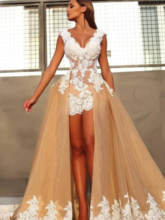 A-line elegant princess sleeveless V-neck strapless Organza dress