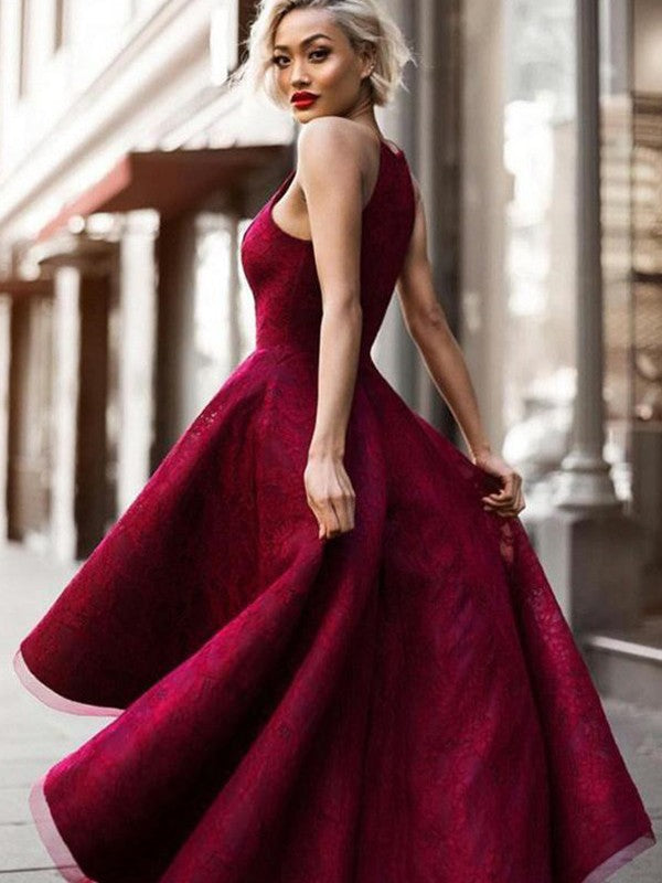 A-line Princess Sleeveless Jewelry Asymmetric Ruffle Edge Lace Dress