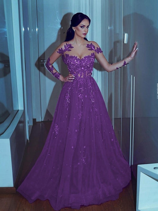 A-line Princess Long sleeved Applique Evening Tulle Dress