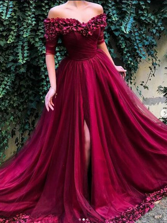 A-line Princess Off Shoulder Bra with Ruffle Edge sheer dress
