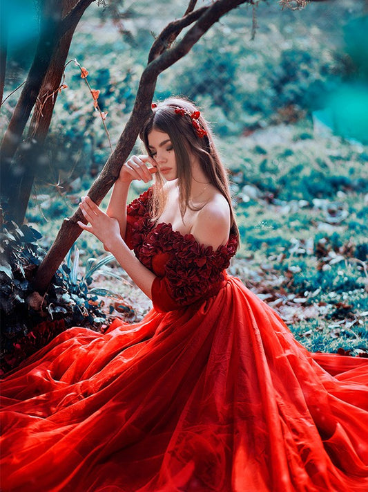 A-line Princess Tulle Handmade Flower Sexy Off Shoulder Dress