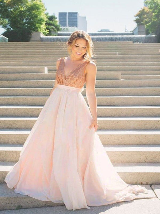 A-line Princess Sleeveless V-neck Bra Brush Train Sequin Organza Dress