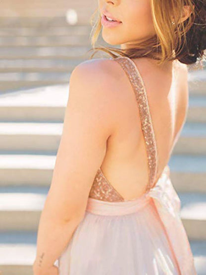 A-line Princess Sleeveless V-neck Bra Brush Train Sequin Organza Dress