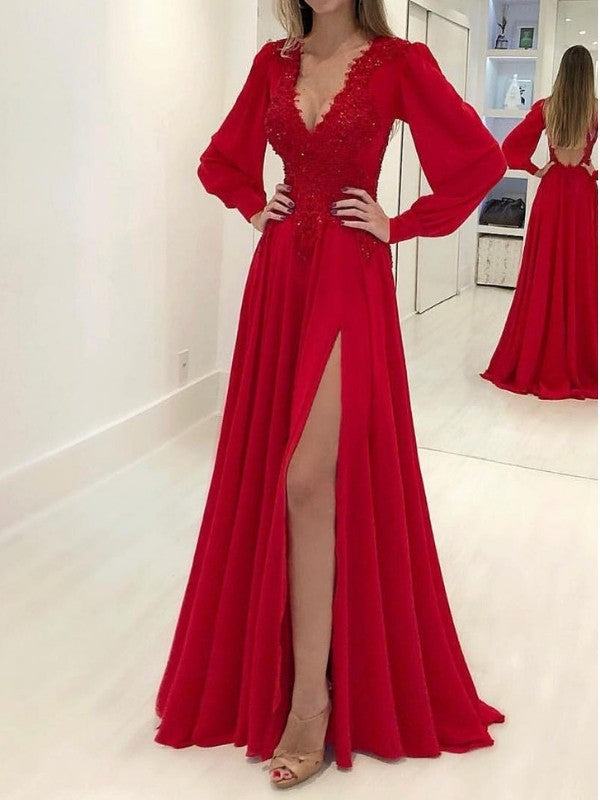 A-line Sweet Princess Long sleeved V-neck Bra Dress Applique Chiffon Dress