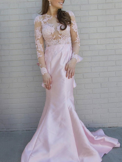 Mermaid long sleeved Scoop Sweet Applique satin dress