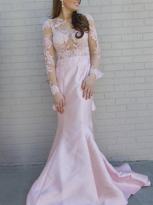 Sexy Mermaid Long sleeved Scoop SweepBrush Train Applique Satin Dress