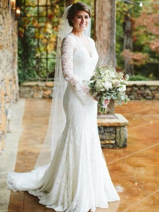 Trumpet shaped mermaid V-neck long sleeved ruffled lace wedding dress