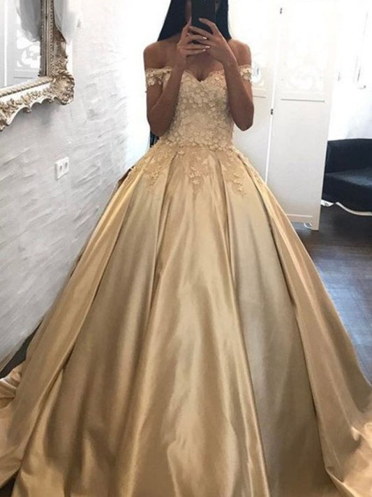 Ball Gown Sexy Off the Shoulder Sleeveless Bra Applique Satin Dress