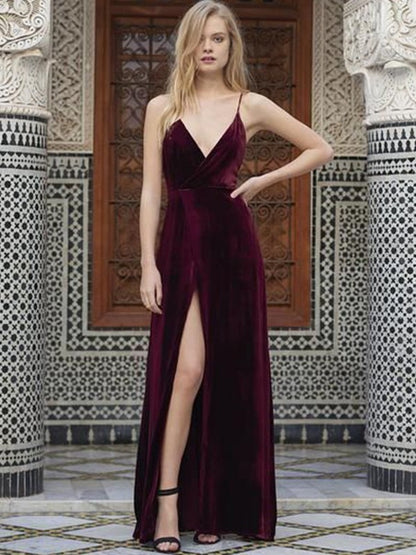A-line Sweet Princess Italian Noodle Strap Sleeveless Floor Sweeping Ruffle Edge Velvet Dress