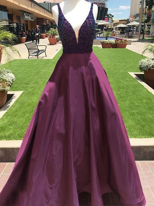 A-line sexy princess V-neck sleeveless floor mop beaded satin dress