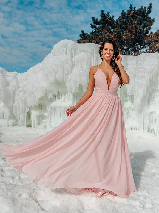 A-line Princess Italian Noodle Strap with Ruffle Edge Chiffon Floor Dress