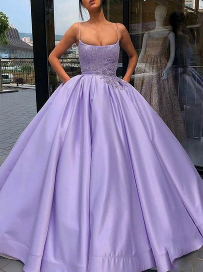 Ball Gown Satin Applique Backstrap Sleeveless Floor Dress