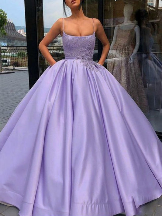 Ball Gown Satin Applique Backstrap Sleeveless Floor Dress