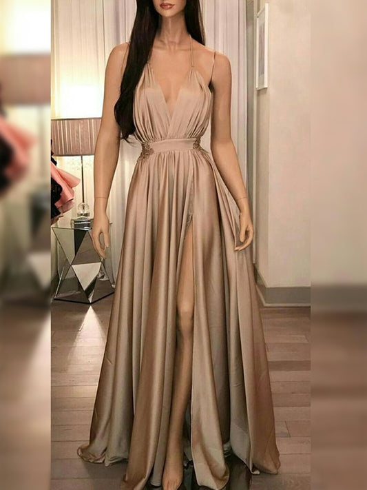 A-line Elegant Princess Silk Ruffle Edge Italian Noodle Strap Sleeveless Floor Dress
