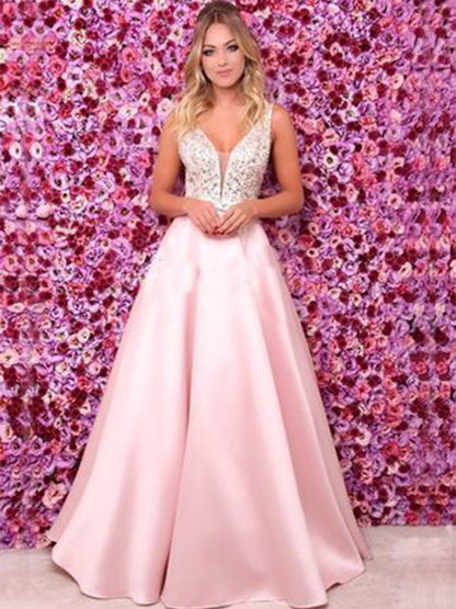 A-line Sweet Princess Satin Beaded Italian Noodle Strap Sleeveless Floor Dress