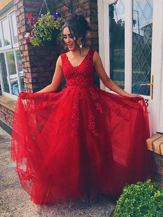 A-line Princess V-neck Sleeveless Floor Sweeping Sticker Tulle Dress