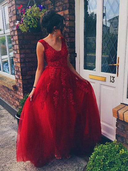 A-line Princess V-neck Sleeveless Floor Sweeping Sticker Tulle Dress