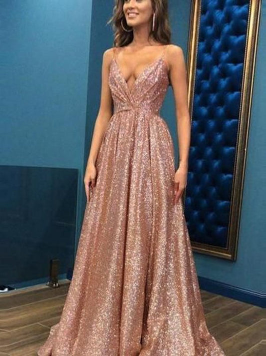 Princess Sleeveless Italian Noodle Strap Floor Sweeping Sequin Dress