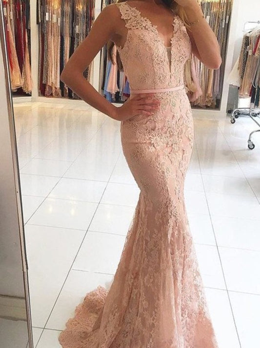 Trumpet mermaid sleeveless V-neck sweep collar Brush Train applique lace dress