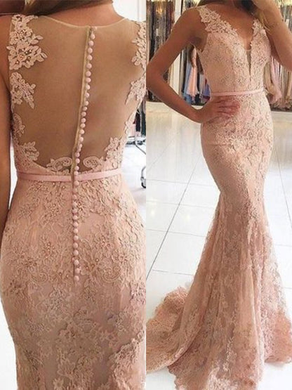 Trumpet mermaid sleeveless V-neck sweep collar Brush Train applique lace dress