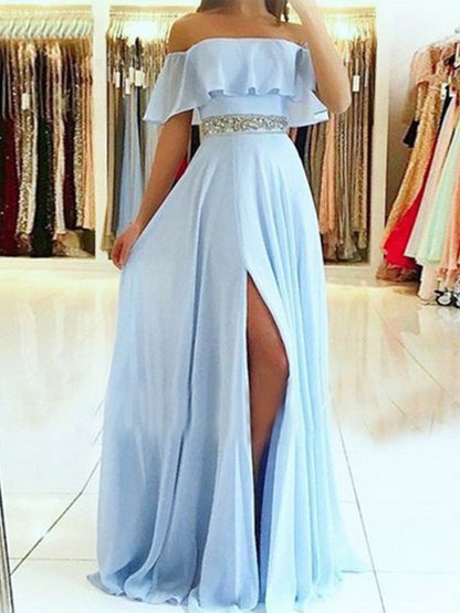 A-line Sexy Princess Sleeveless Off the Shoulder Drag Floor Beaded Chiffon Dress