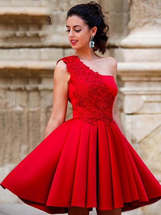 A-line Princess Satin Applique One Shoulder Sleeveless Mini Back to School Ball Dress