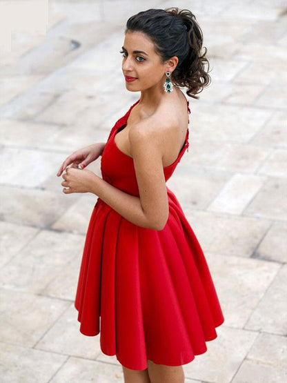A-line Princess Satin Applique One Shoulder Sleeveless Mini Back to School Ball Dress