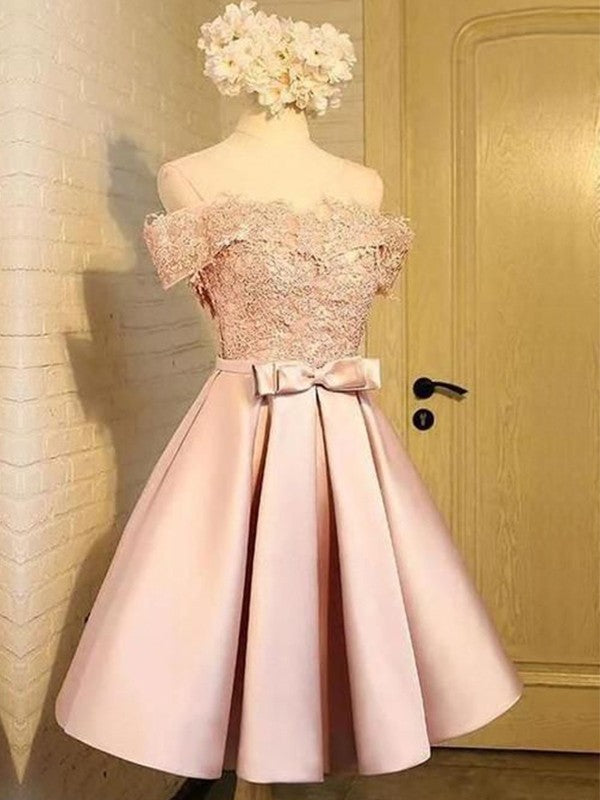 A-line Princess Satin Pattern Off the Shoulder Sleeveless Back to School Ball Dress