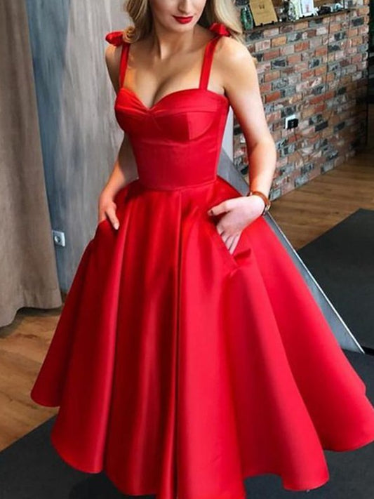 A-line Elegant Princess Satin Bow Strap Sleeveless Tea Back to School Dress