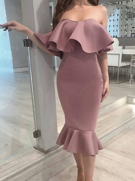 Mermaid elastic woven satin ruffle edge sleeveless brown length return to school dress