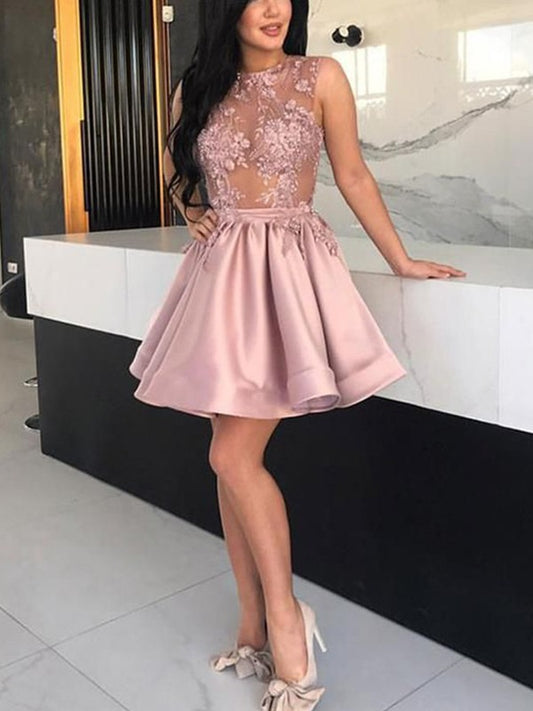 A-line Princess Satin Applique Nude Collar Sleeveless Mini Back to School Ball Dress