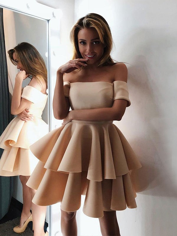 Princess Style Satin Layered Off Shoulder Sleeveless Short Mini Homecoming Dress