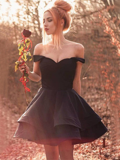 A-line Princess Elastic Ruffle Edge Off Shoulder Sleeveless Short Back to School Ball Party Dress