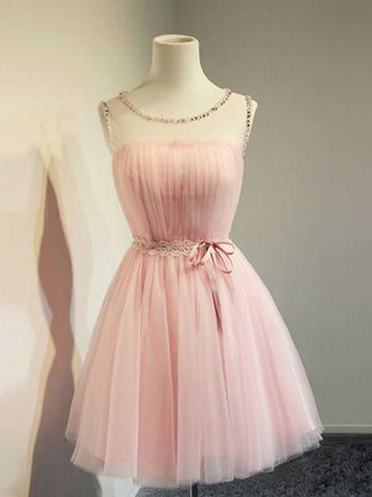 A-line sexy princess sheer beaded Scoop sleeveless mini homecoming dance dress