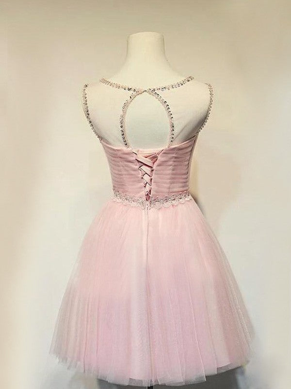 A-line sexy princess sheer beaded Scoop sleeveless mini homecoming dance dress