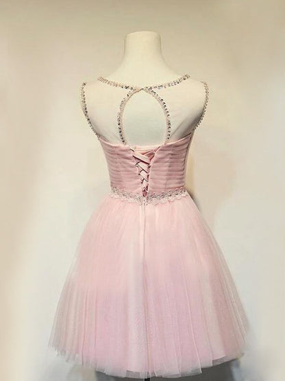 A-line sexy princess sheer beaded Scoop sleeveless mini homecoming dance dress