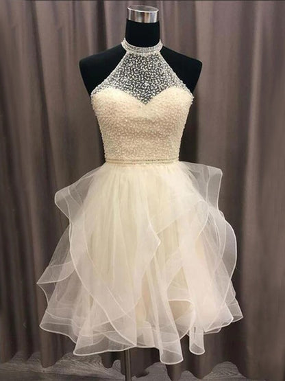 A-line skirt princess Organza beaded Halter sleeveless mini homecoming dance dress