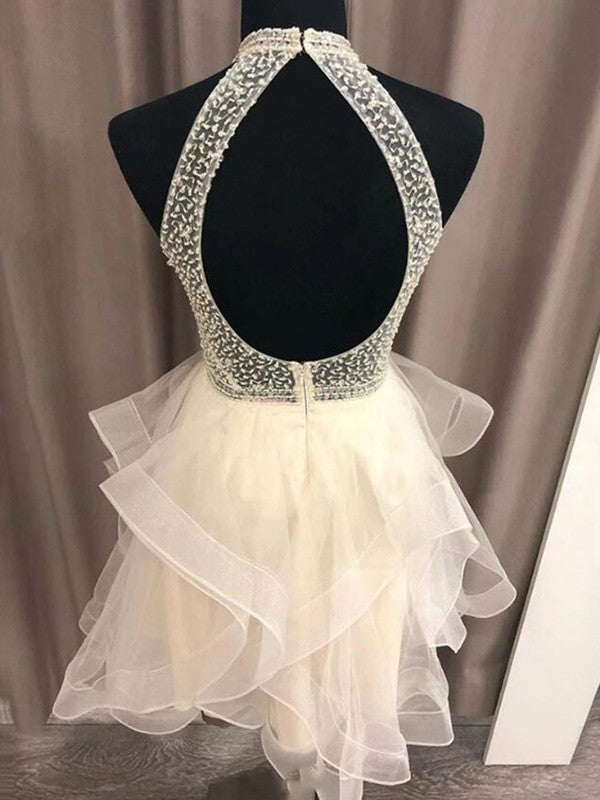 A-line skirt princess Organza beaded Halter sleeveless mini homecoming dance dress