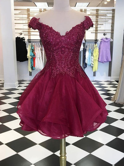 A-line Princess Organza Beaded V-neck Sleeveless Mini Back to School Ball Dress